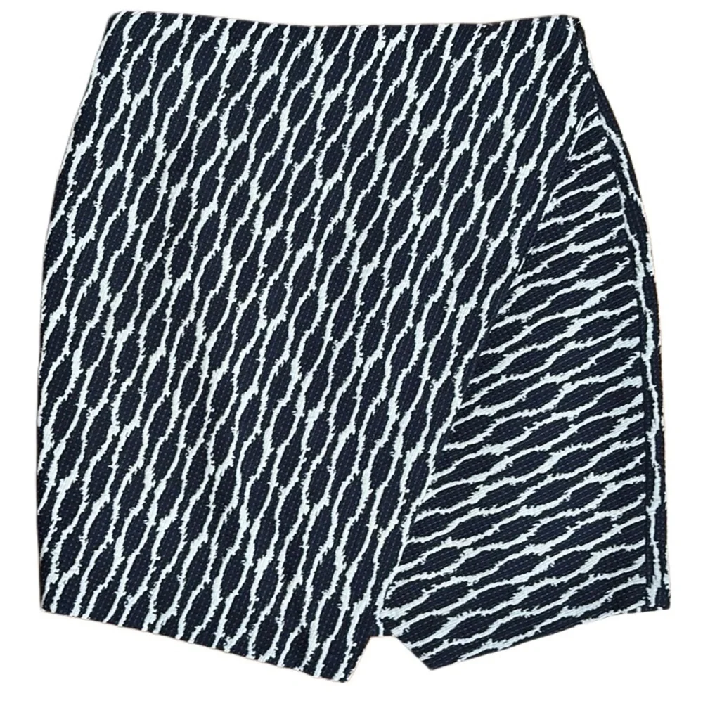 Ann Taylor LOFT Navy Blue White cotton Textured Faux Wrap Skirt sz S